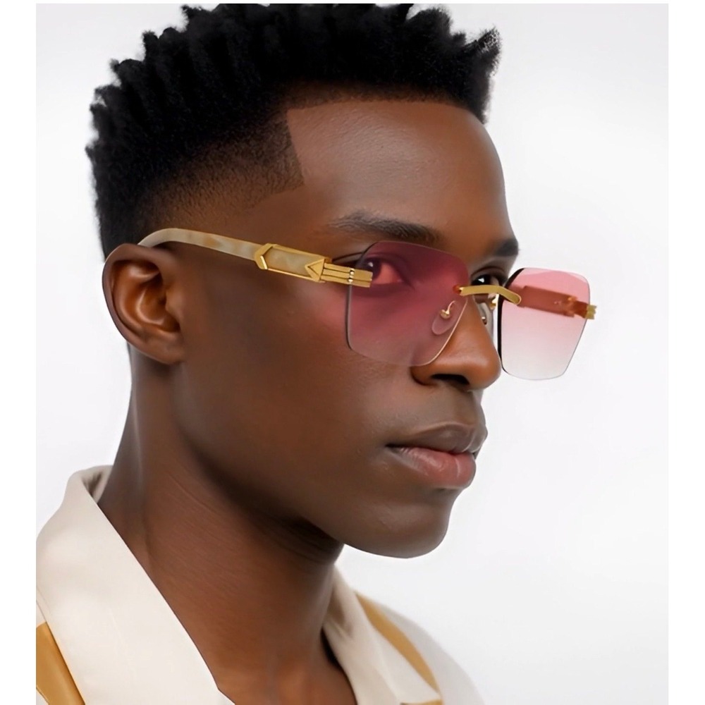 Men Sunglasses Rectangular Diamond Cut Sophisticated Pink Lens Marble Arms UV400